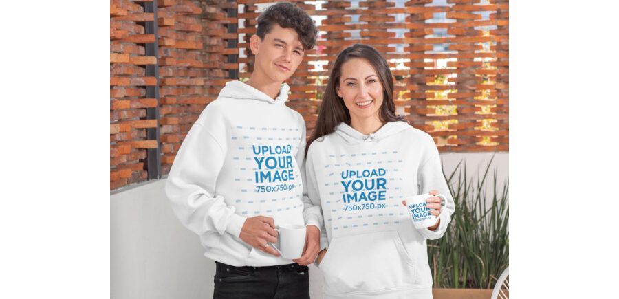 Mom and Son wearing Hoodies Mockup Generator