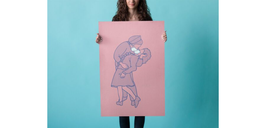 Woman holding big Poster Mockup Generator